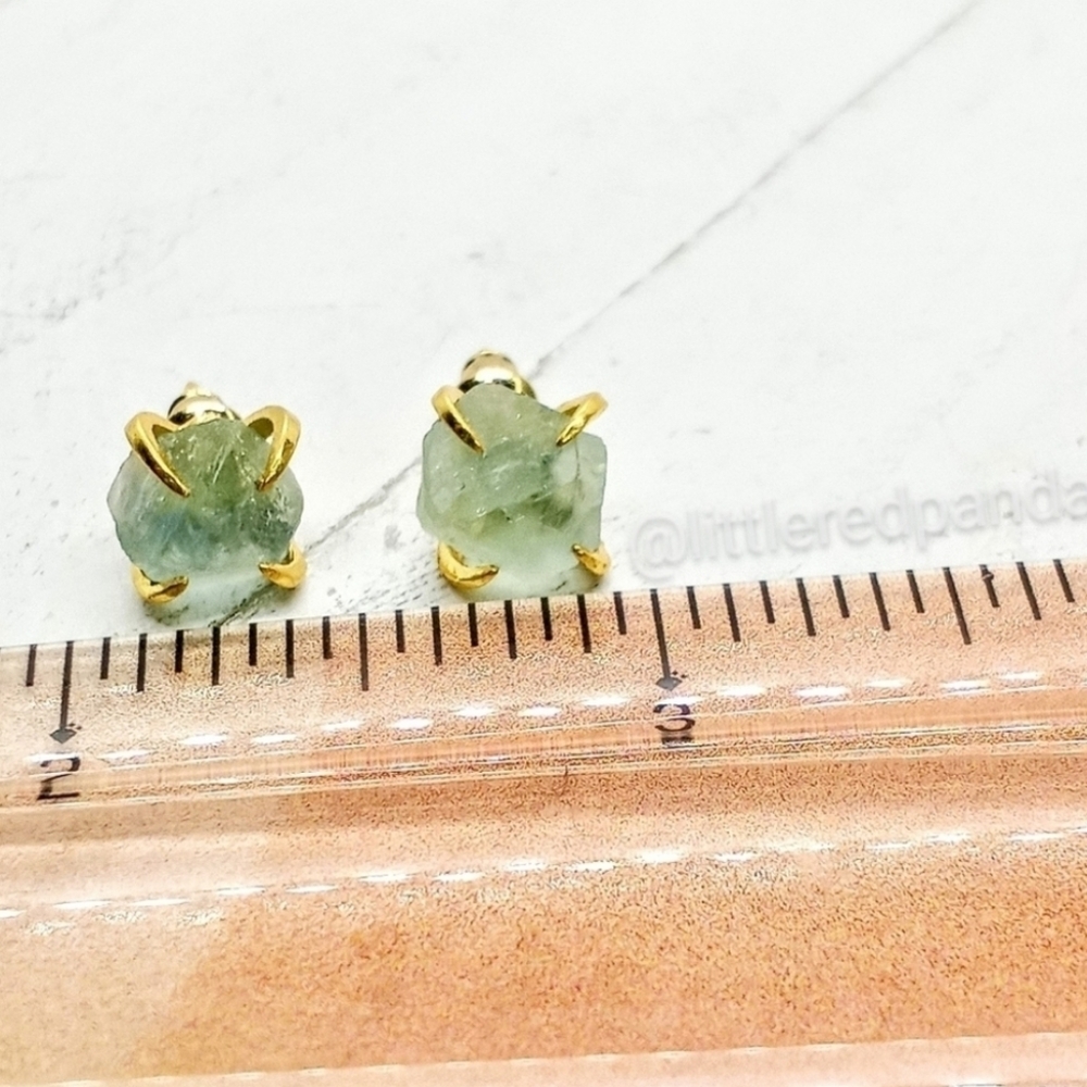 Raw Green Fluorite Prong Earrings 18K Plated Brass - Picture 3 of 3
